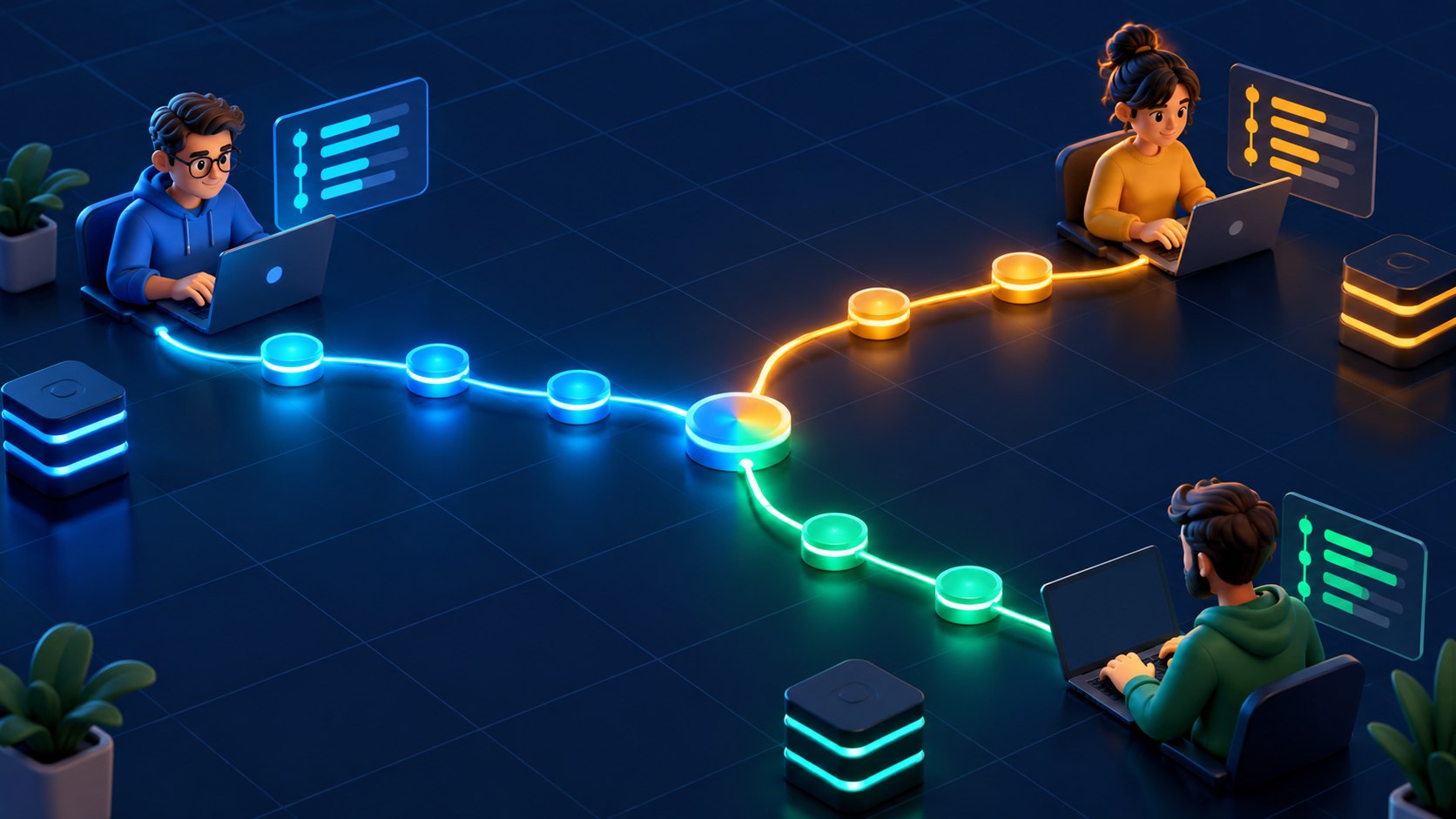 Ветвящийся граф Git-коммитов с объединением изменений команды